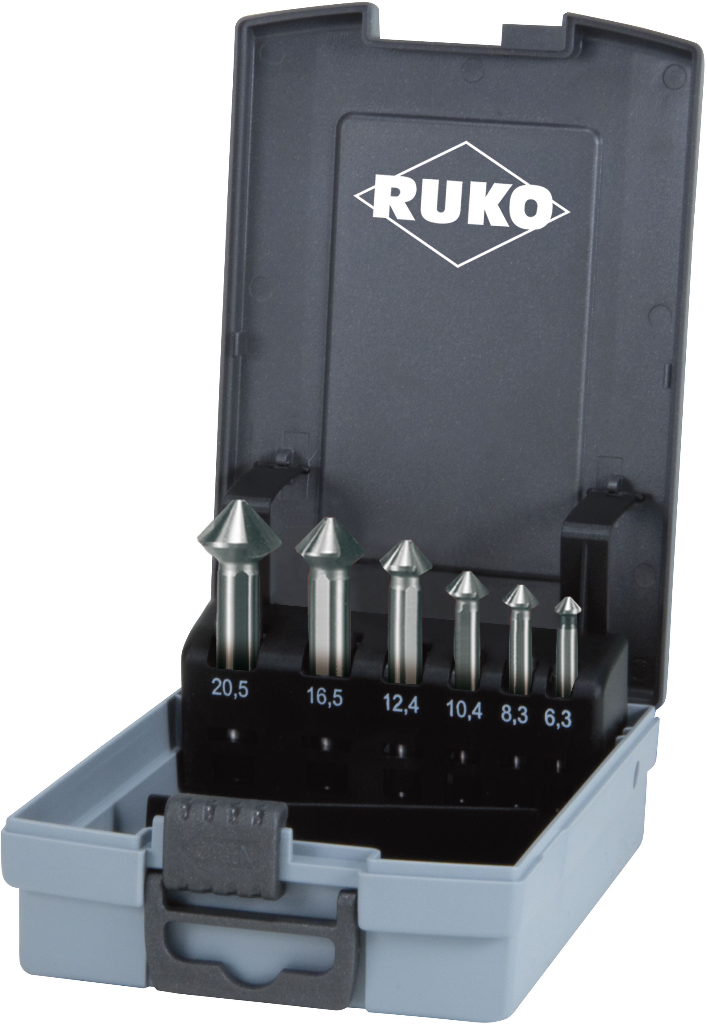 Ruko Kegelsenker-Satz, 6-tlg. Ø6.3, 8.3, 10.4, 16.5, 20.5mm, HSS, ABS-Box - Bohren