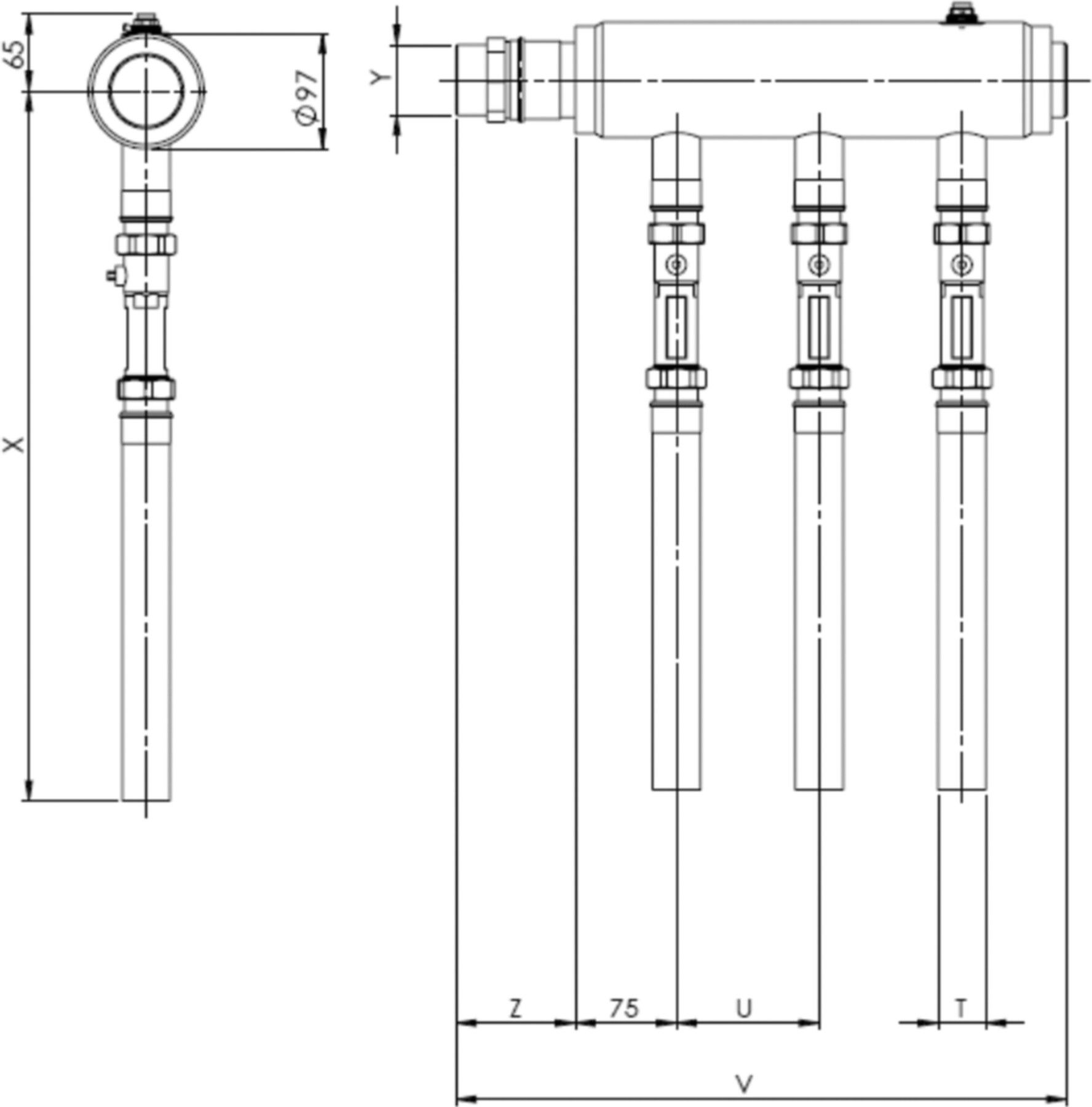 PE-Verteiler SAVE 97 m/Abgleichv. Inline DN 32 R 2" 2 Anschl. o/F+E 067.3242a - Haka-Erdwärmetechnik