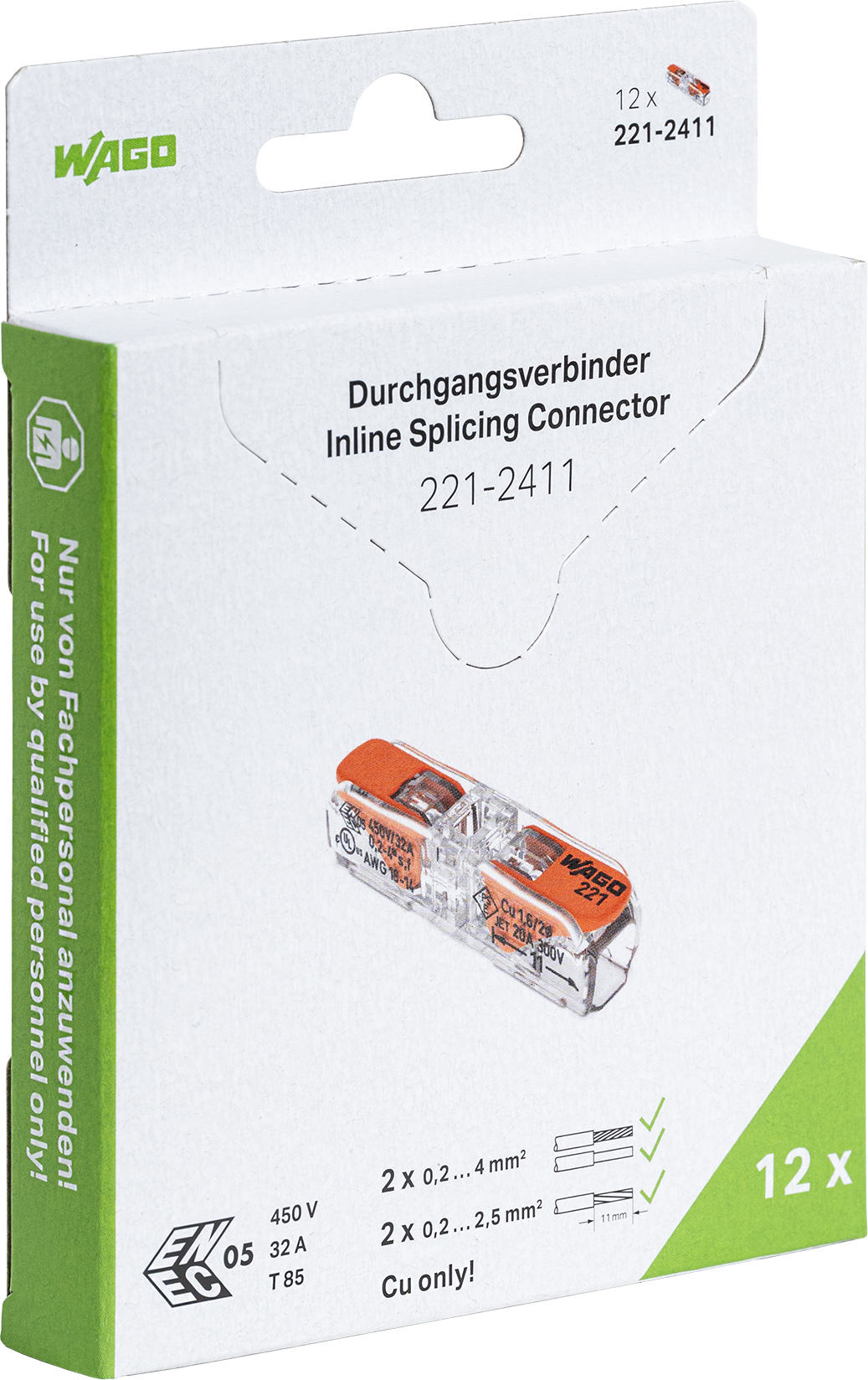 WAGO Durchgangsverbinder 221 2-Leiter 0.2-4 mm², Pack à 12Stk. - Elektrozubehör