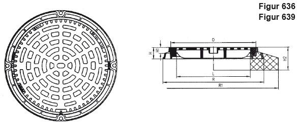 Fig.636-60 Guss D400 auf Zementrohr, geschlitzt, flach - Schachtabdeckungen BGS