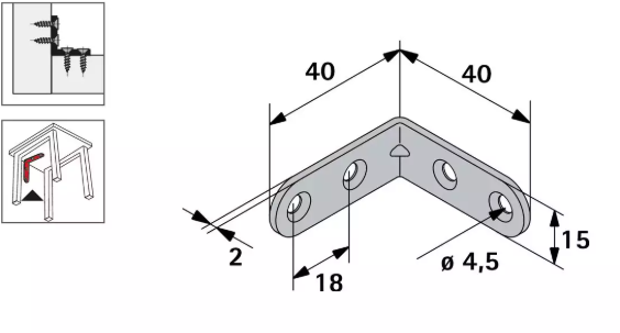 Hettich Stuhlwinkel verzinkt, 15 x 40 x 40mm, Stärke 2mm - Diverse Möbelbeschläge und Zubehör