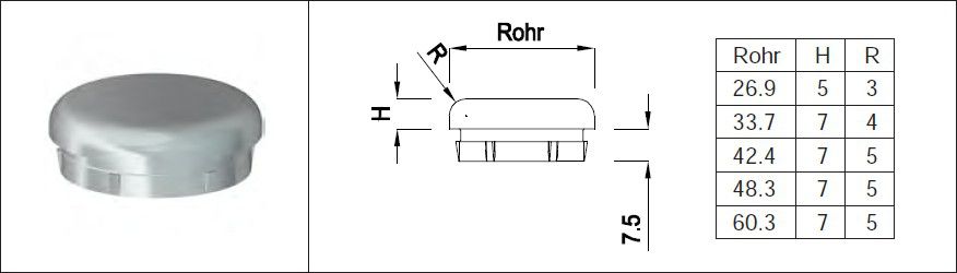 Rohrkappe gerade 33.7 mm geschliffen 126578 - INOXTECH-Handlauf-/Geländer-System