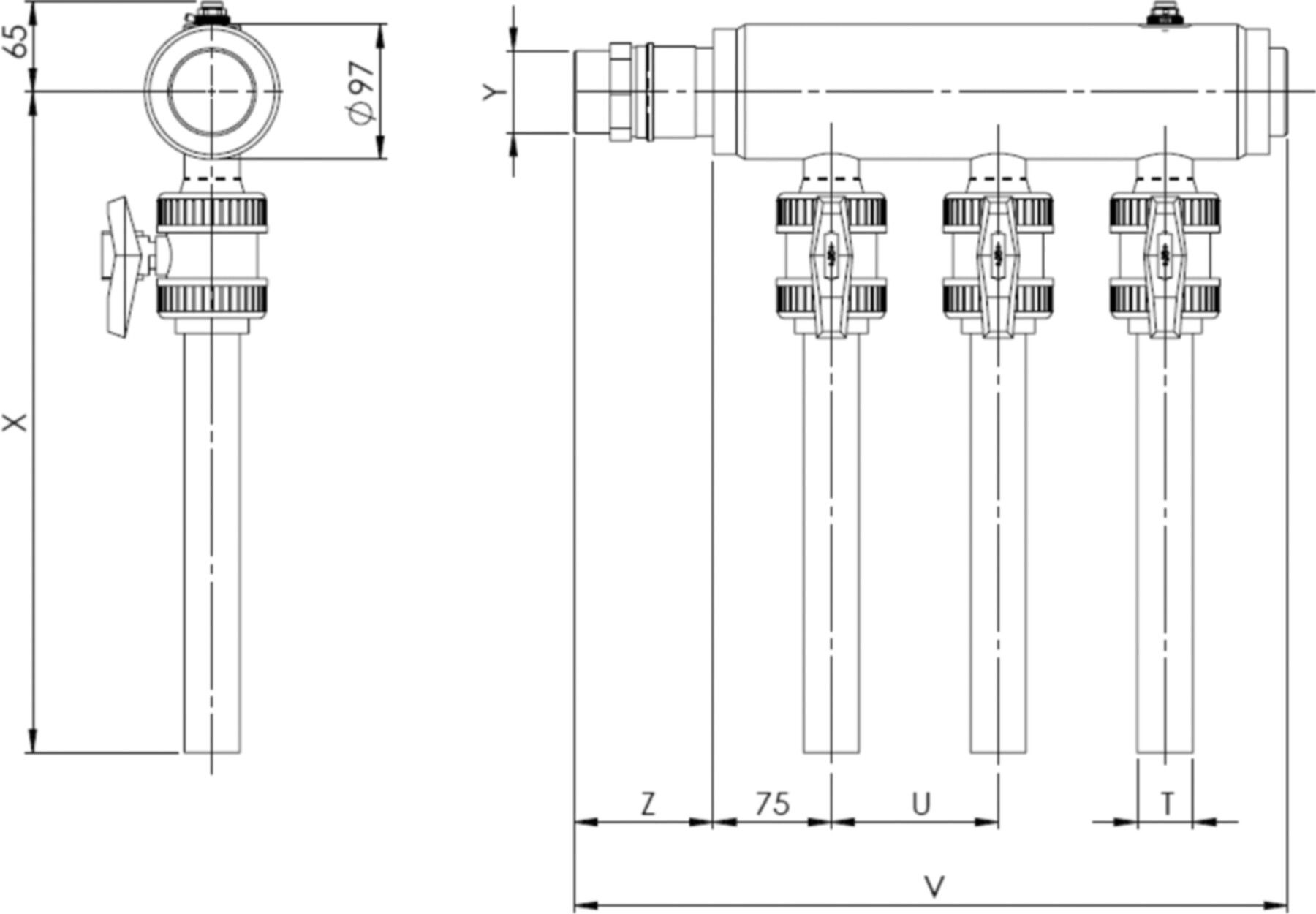PE-Verteiler SAVE 97 m/Kugelhahnen DN 40 R 2" 4 Anschl. o/F+E 067.4004a - Haka-Erdwärmetechnik
