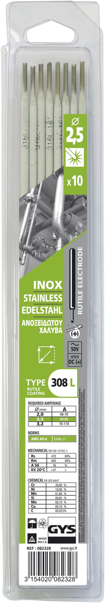 GYS Edelstahl-Elektroden 308 L, Inhalt 10 Stk. Ø 2,5 mm, in Blister - Schweissen