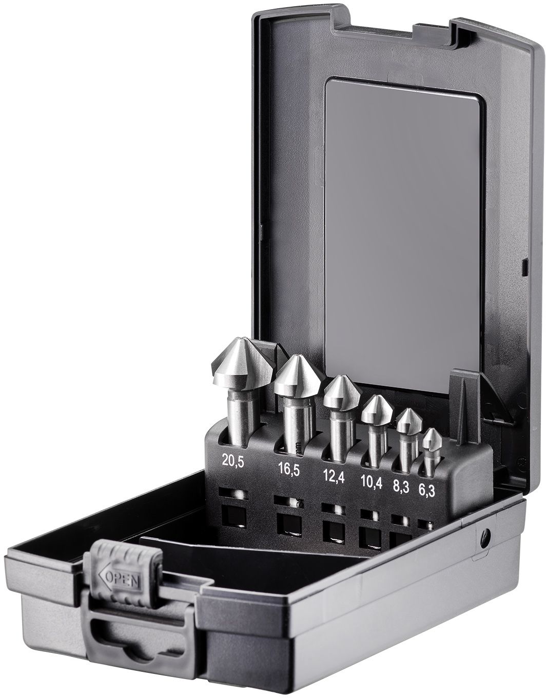 FORTEC Kegel- und Entgratsenker, 6tlg. V-Nut Satz Ø6.3/8.3/10.4/12.4/16.5/20.5mm - Bohren