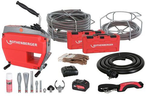 ROTHENBERGER R600 VarioClean + Spiral/Wz.Set inkl. 8Ah Akku, Ladegerät, SMK-Spiralen 16mm+22mm - Sanitärwerkzeuge