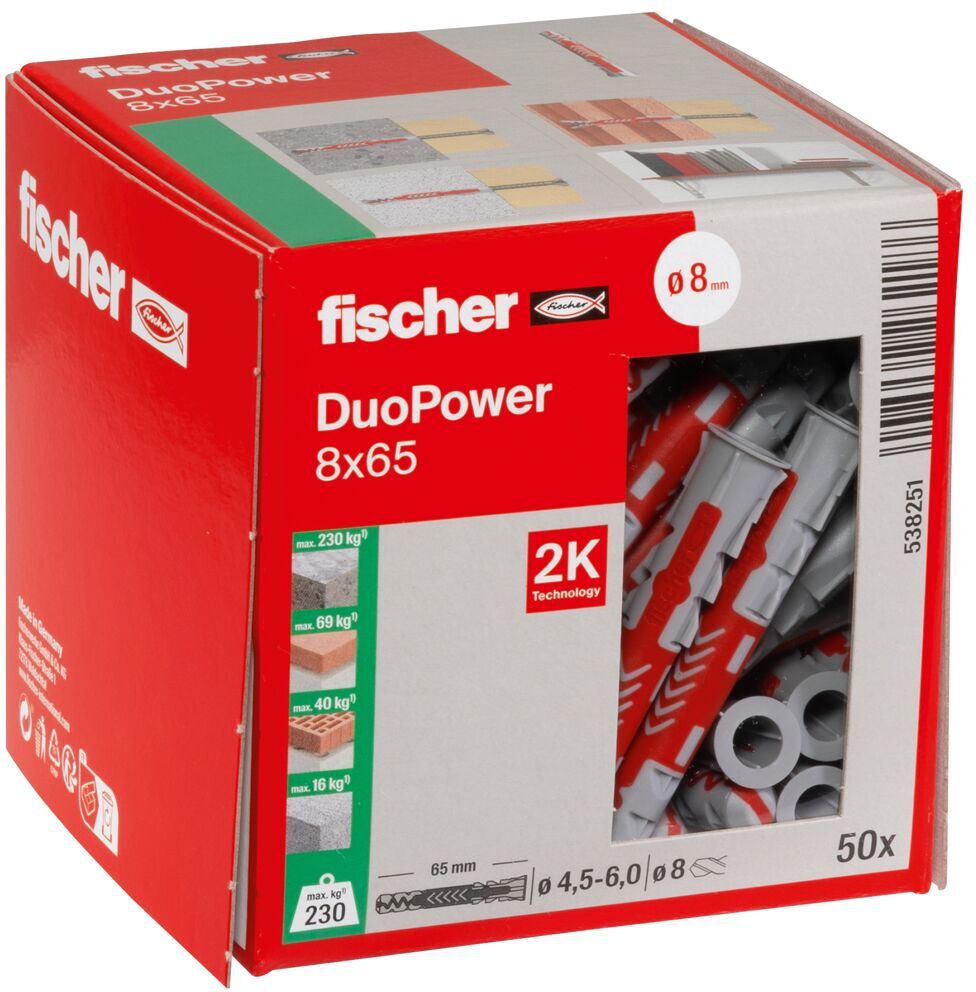 FISCHER Universaldübel Duopower Ø8mm , L=65mm , grau/rot - Fischer Befestigung