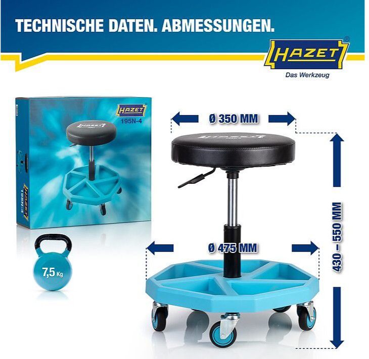 HAZET Arbeits-Sitz ohne Lehne 195N-4 , Rollbarer Arbeits-Sitz, Höhenverstellbar - Werkstatteinrichtungen