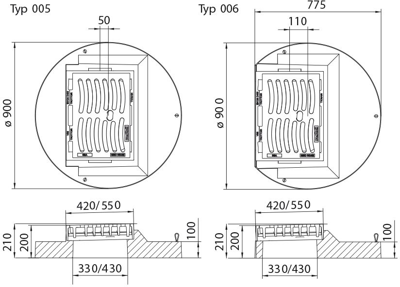 Fig. 2932 006 10 Guss C250 WIENERLI-NIVROLL, flach, mit Betonsockel - Einlaufroste von Roll