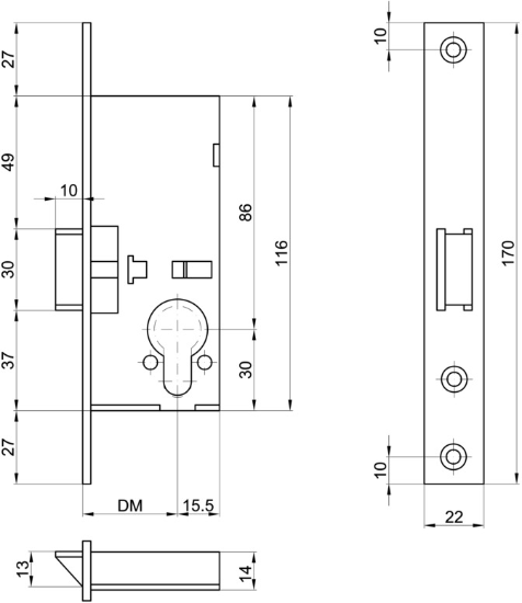 MSL Rohrrahmen-Einsteckfalle 1922.6, RZ-W 170/22/3mm; DM=35mm, ohne Nuss - Türschlösser und Zubehör