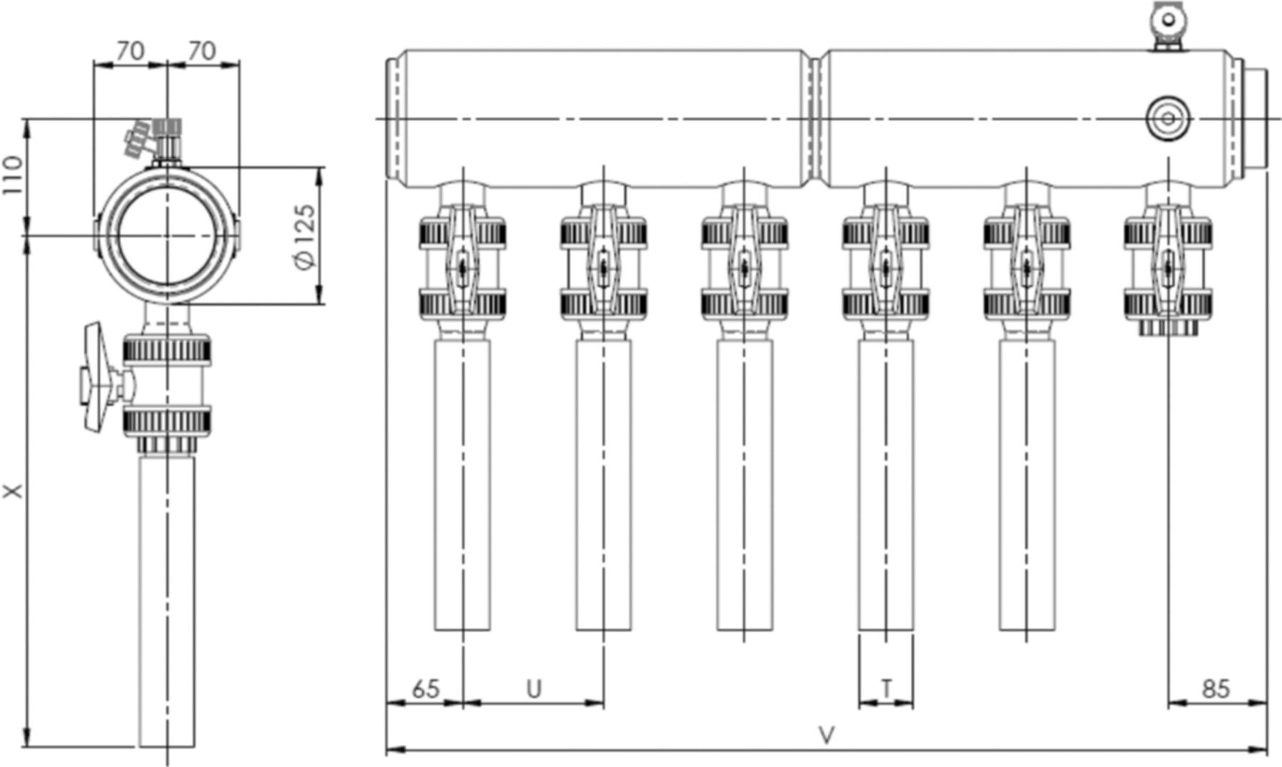 PE-Verteiler SAVE125 m/Kugelhahnen DN 50 3 Anschl. m/Füll+Entl. 108905 - Haka-Erdwärmetechnik