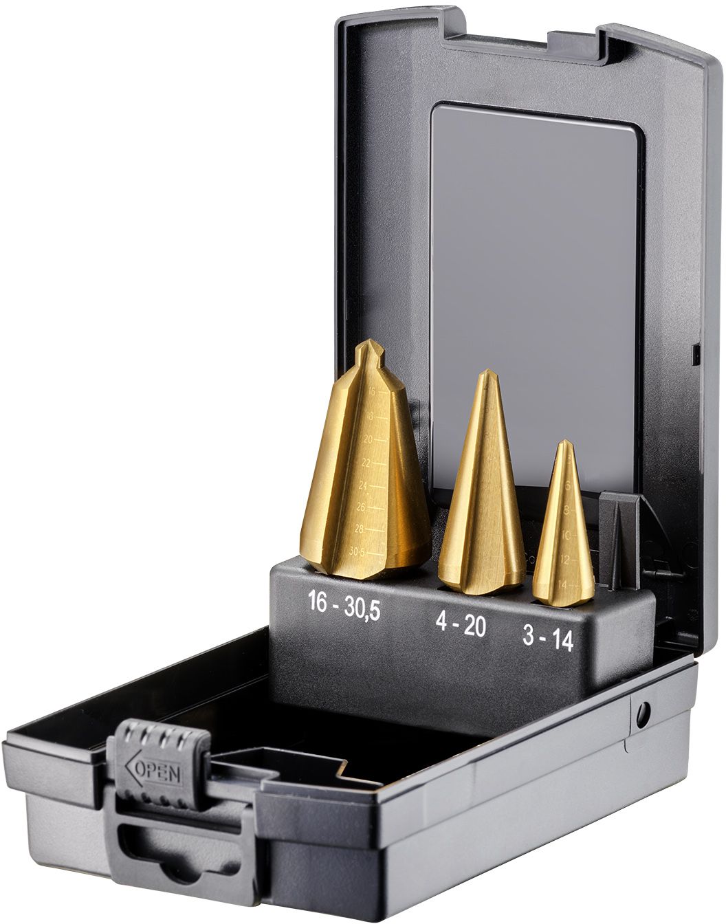 FORTEC Blechschälbohrer Satz, 3-tlg. Ø3-14/4-20/16-30.5mm, HSS-G-TiN - Bohren