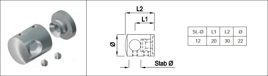 Rundstabtrav. kurz, gerade, links 12 mm geschliffen 1.4301 - INOXTECH-Handlauf-/Geländer-System