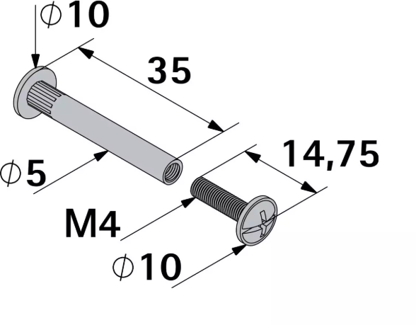 Hettich Verbindungsschraube Set vernickelt, mit Hülse, M4 x 36-46mm, à 10 Stk - Diverse Möbelbeschläge und Zubehör