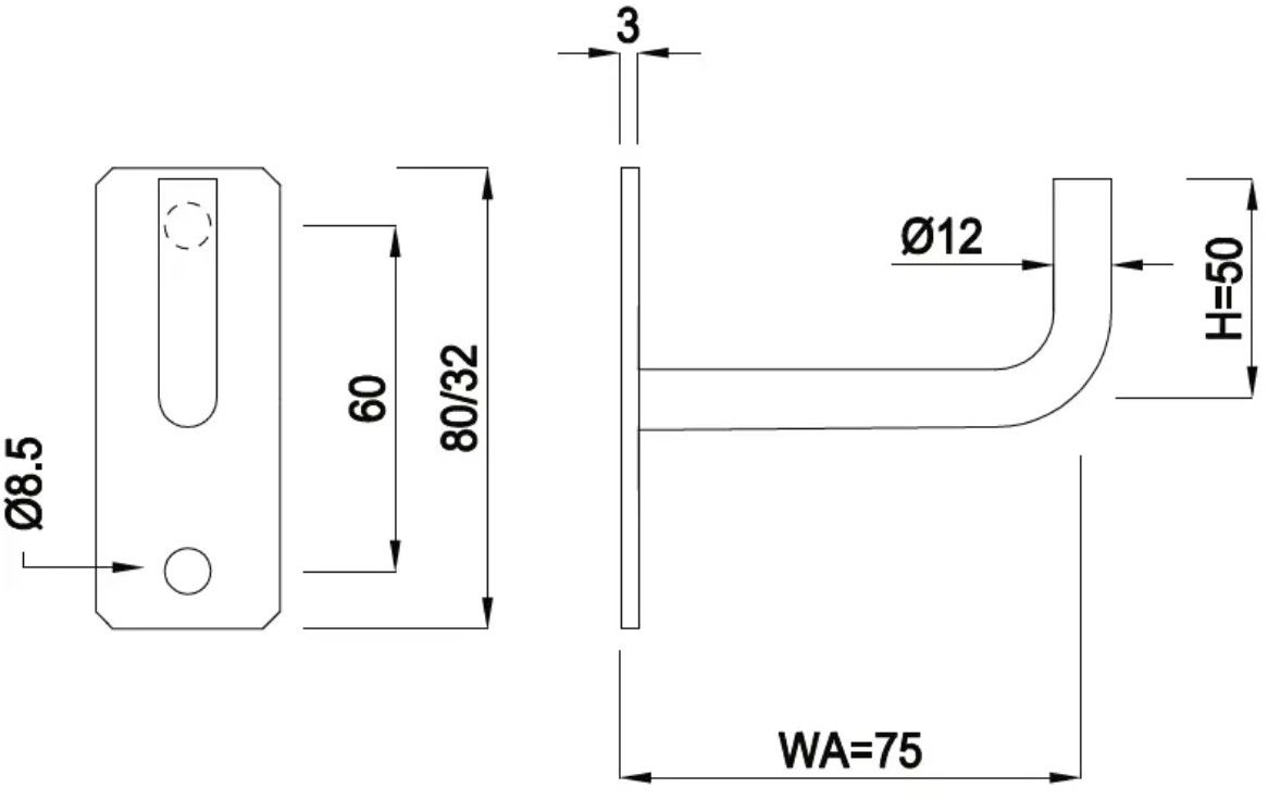 Geschw. Wandkonsole eckig vertikal Stab 12 mm H 44 mm geschl. 1.4301 - INOXTECH-Handlauf-/Geländer-System