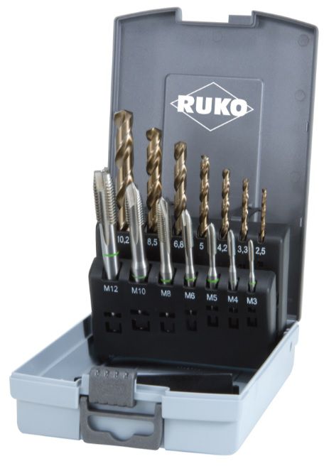 Ruko Gewindebohrer-Satz, 14-tlg. M3 - M12, inkl. Bohrer, HSS-Co5, ABS-Box - Bohren