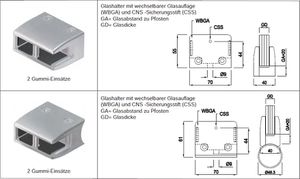 Glashalter eckige Form gerade Chromstahl geschliffen 1.4301 - INOXTECH-Handlauf-/Geländer-System