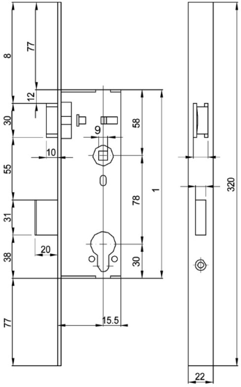 MSL Rohrrahmenschloss 1991.6, RZ-W 320/22/3mm, DM=30mm, Nuss=8mm - Türschlösser und Zubehör