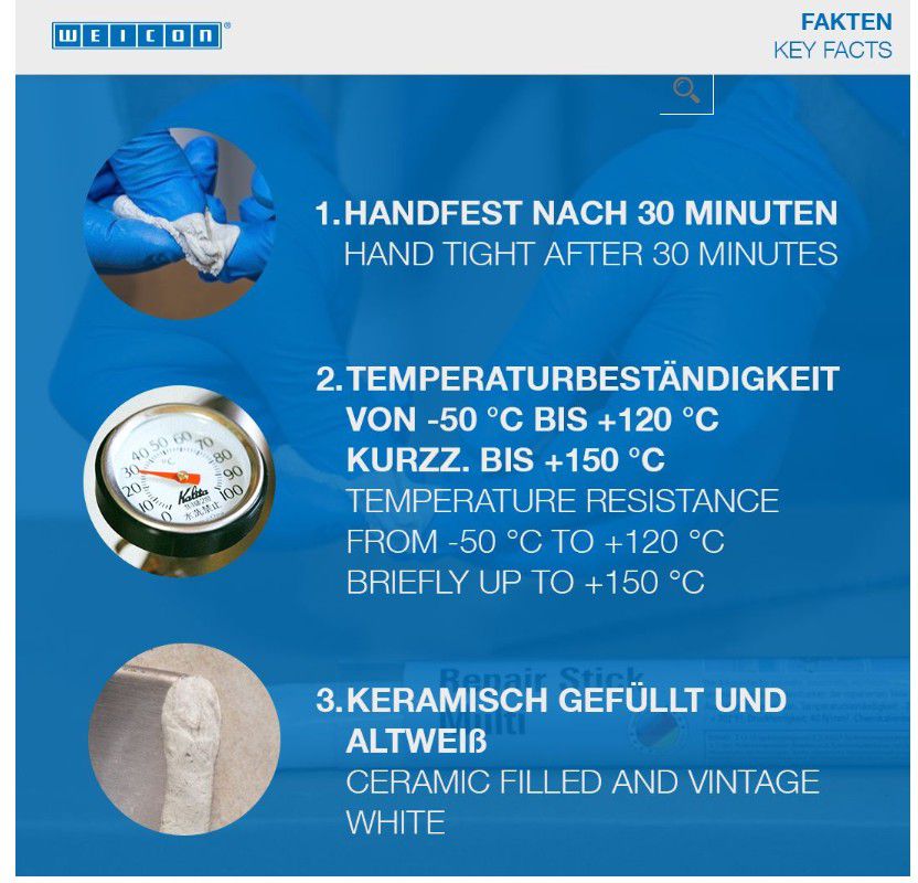 WEICON Repair-Stick, Aqua, weiss 115g, -35°C bis +120°C - Dichten