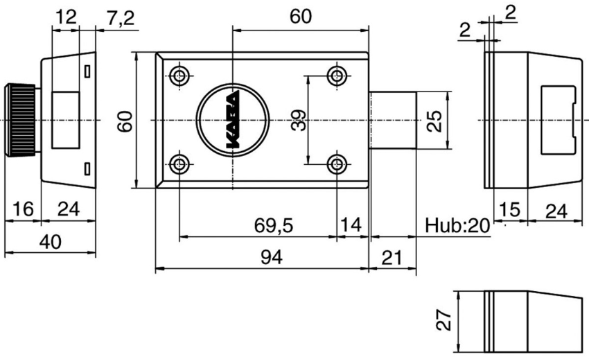 KABA 8 Riegelschloss Typ 1001A Alu grau Lackiert, mit Zylinder und 3 Schlüssel - Kaba 8, Lagerprodukt