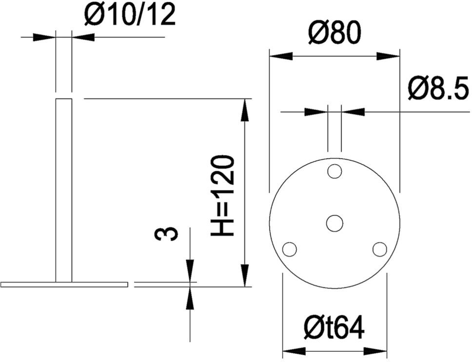 Geschw. Standkonsole 3 Loch ohne Aufl. Stab 12 mm 1.4301 - INOXTECH-Handlauf-/Geländer-System