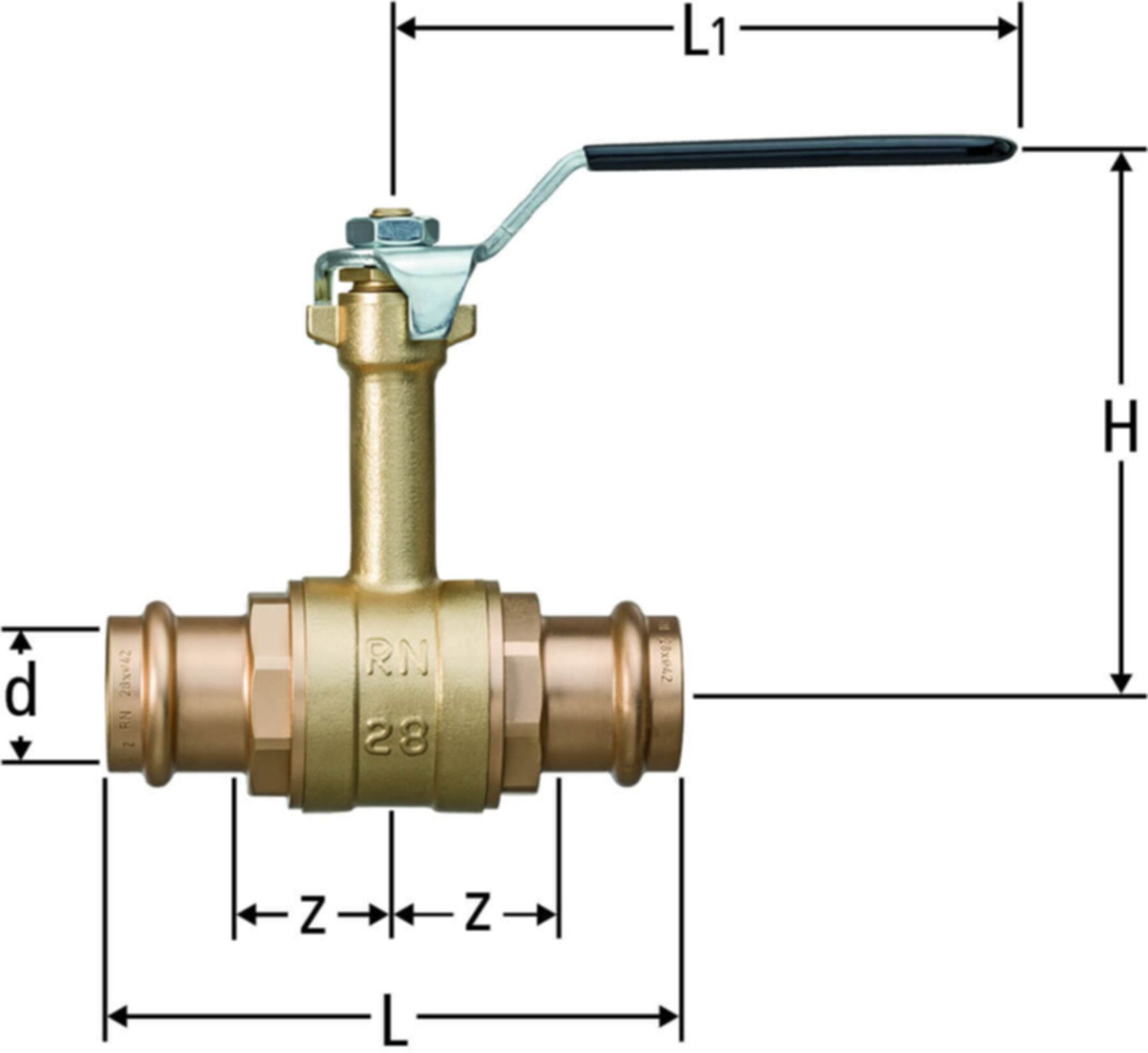 Optipress-Kugelhahn 18mm 82105.23 mit Spindelverlängerung und Metallgriff - Nussbaum-Optipress-Rotguss-Fittings